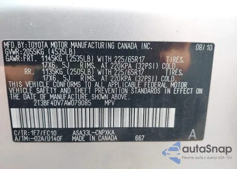 2010 Toyota Rav4 z USA, uszkodzony, nr VIN 2T3BF4DV7AW079085